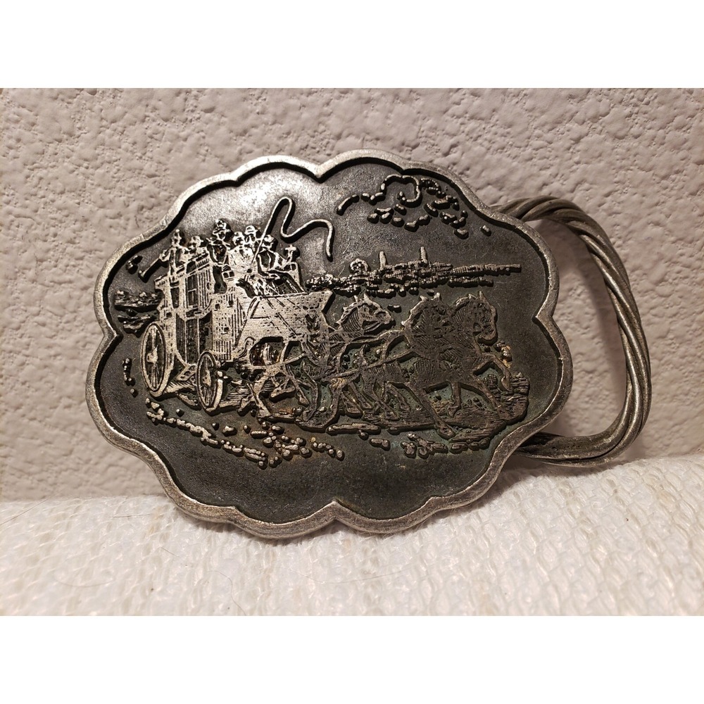 Western Stagecoach Belt Buckle Pewter Ornate N-B Vintage Excellent Condition